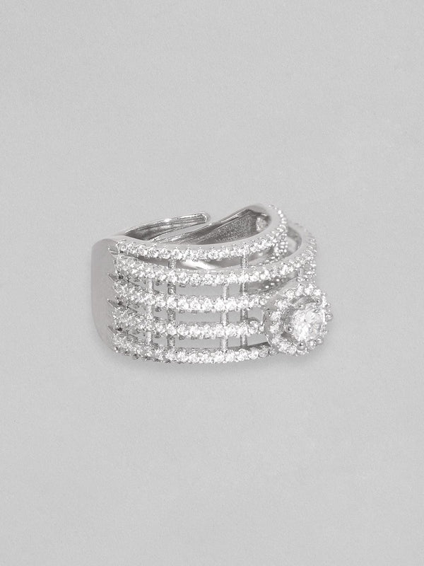 Rubans Rhodium-Plated & CZ-Studded Adjustable Finger Ring