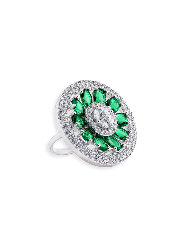 Rubans Rhodium plated Pave Green Zirconia studded Statement Ring