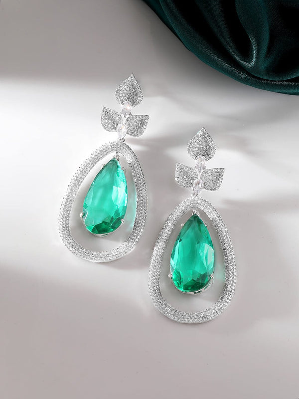 Rubans Rhodium Plated Premium Emerald Zircons Studded Dangle Earring