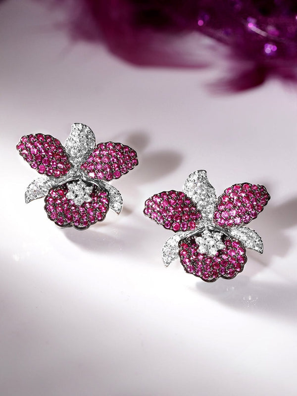 Rubans Rhodium Plated Premium White & Ruby Zircons Stud Earring