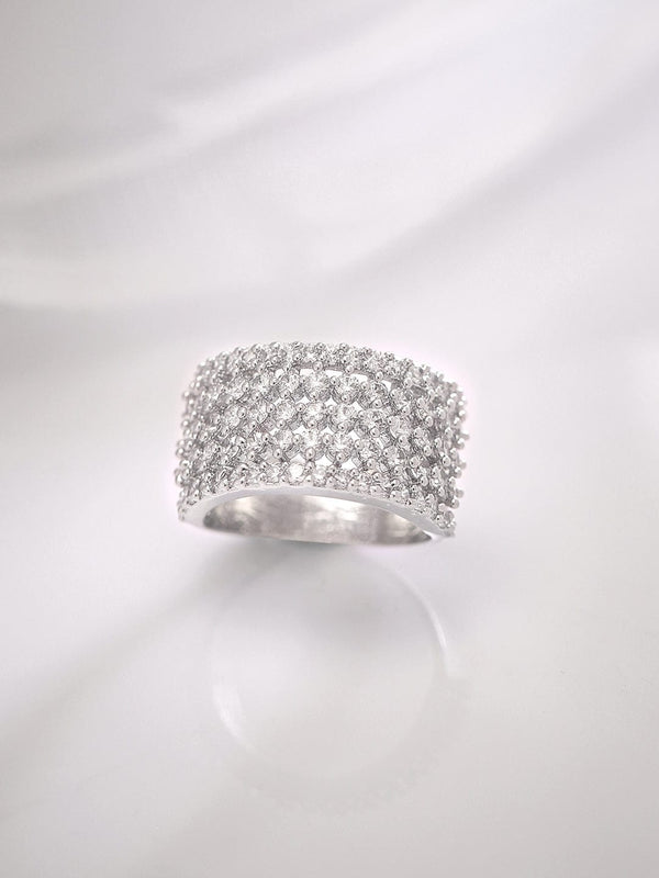 Rubans Rhodium Plated Round Zircons Studded Statement Party Ring