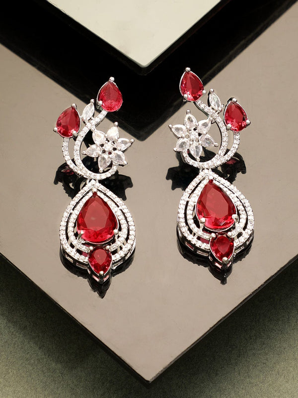 Rubans Rhodium Plated Ruby Pink Teardrop Zirconia Flora Detailed Earrings