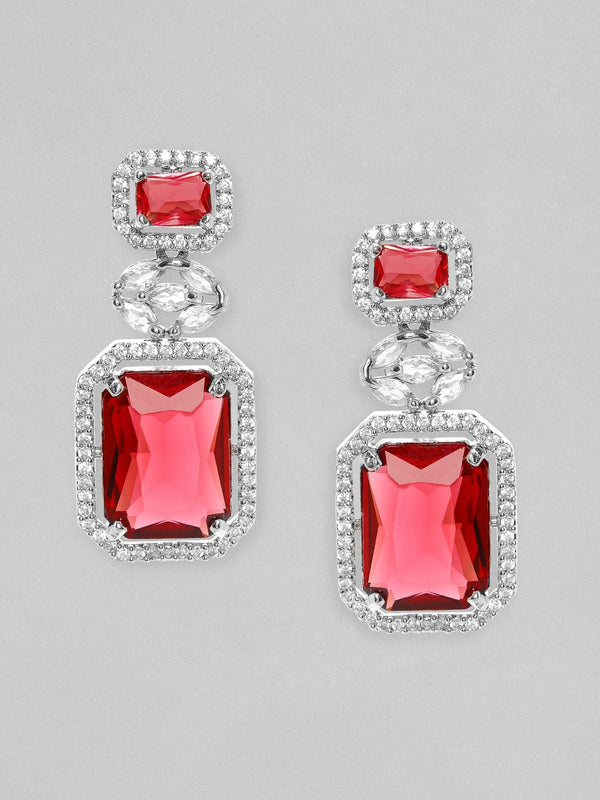 Rubans Rhodium Plated Ruby Red Zirconia Dangle Earrings