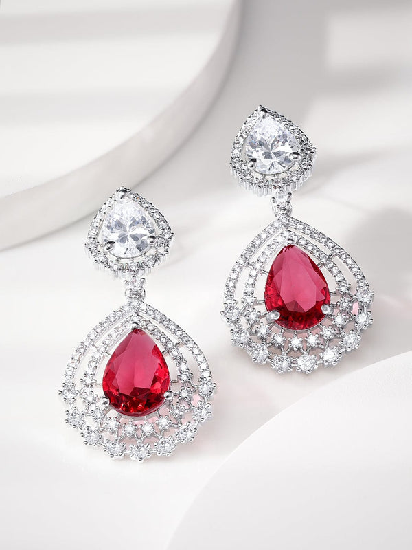 Rubans Rhodium Plated Ruby Red Zirconia Tear drop Chic Earring