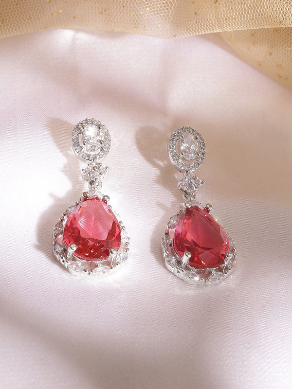 Rubans Rhodium Plated Ruby Studded Zirconia Embellished Teardrop Earrings