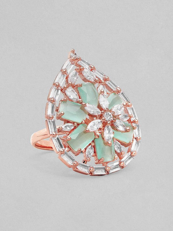 Rubans Rose Gold-Plated Green & White AD-Studded Handcrafted Adjustable Finger Ring