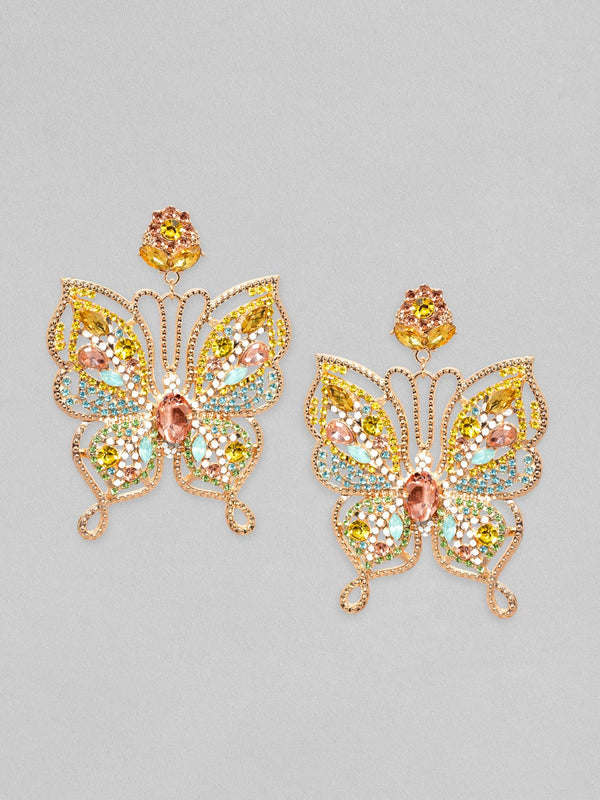 Rubans Rose Gold Toned Multicoloured Zircons Studded Statement Butterfly Dangle Earrings