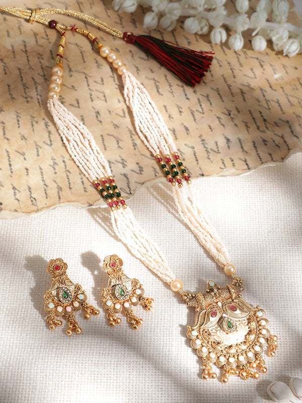 18KT Gold Plated Antique Floral Motif AD and Kundan Studded Temple Jewellery Set