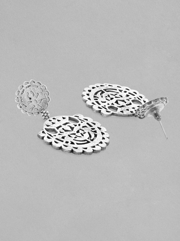 Rubans Silver Oxidised Drop Earrings With Elegantly Carved Design