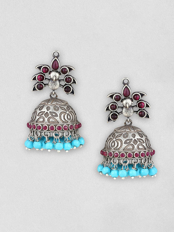 Rubans Silver Oxidised Jhumka With Studded Pink Stone And Blue Beads