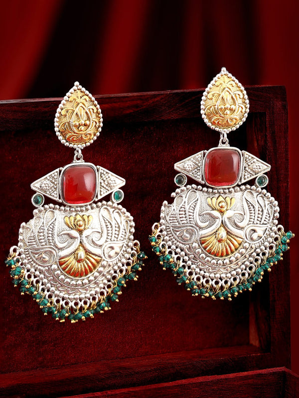 Rubans Silver Oxidized & Gold Plated Ruby Studded Green Beaded Chandbali Earrings