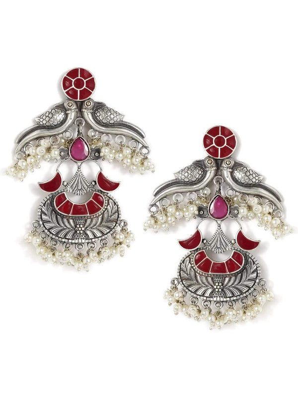 Rubans Silver Plated Handcrafted Oxidised Faux Ruby and Pearls Peacock Drop Earrings