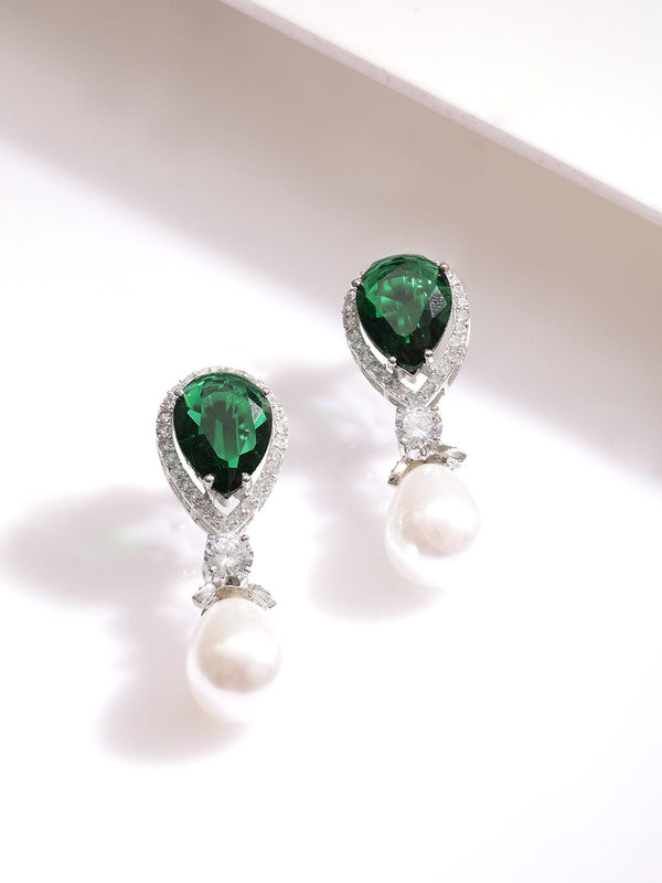 Rubans Silver Plated High Quality Cubic Zirconia & Emerald Studded White Beaded Drop Earrings