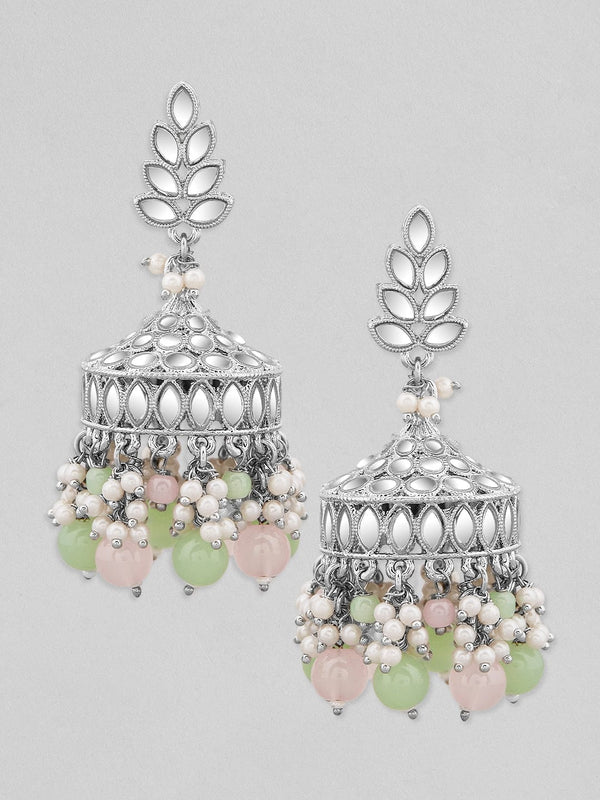 Rubans Silver Plated Mirror Studded Jhumki Earrings With Pastel Pink And Green Beads