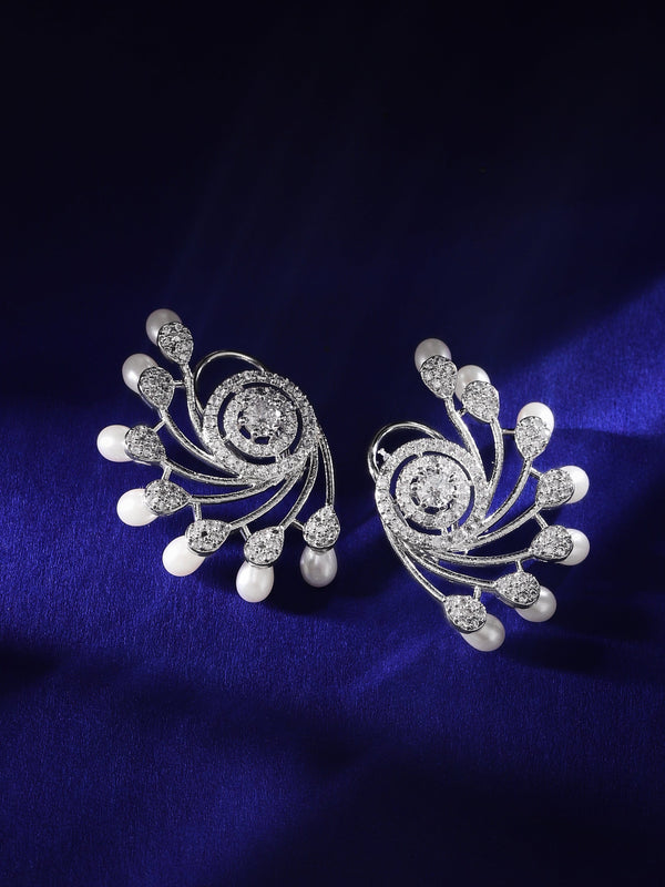 Rubans Silver Plated Stud Earrings Studded With American Diamonds And Pearls.