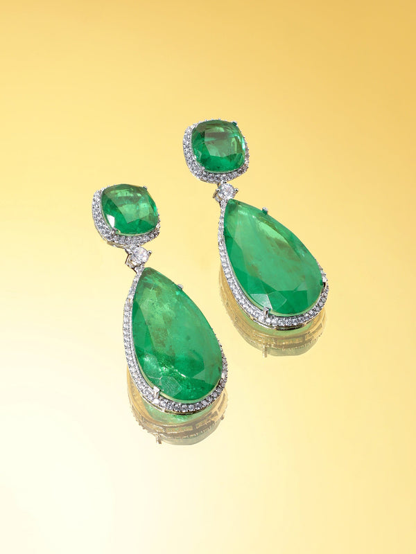 Rubans Silver-Plated Teardrop Shaped Emerald Drop Earrings