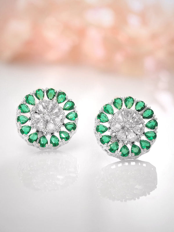 Rubans Silver-Toned  Green Circular Studs Earrings