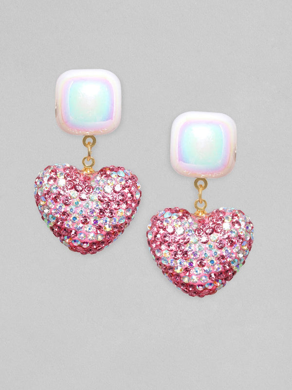 Rubans Voguish Pearl & Pink Crystal Pave Studded Heart Motif Dangle Earring