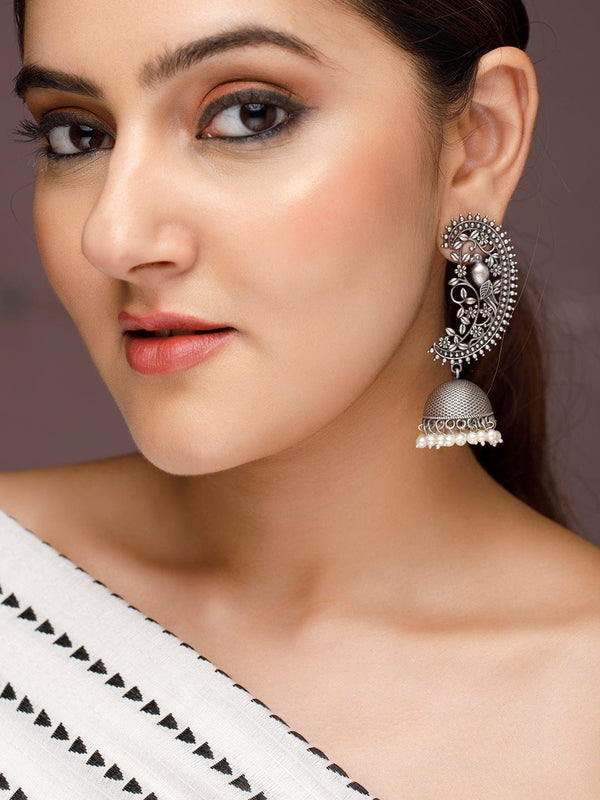 Rubans Women Silver-Toned Dome Shaped Jhumkas Earrings