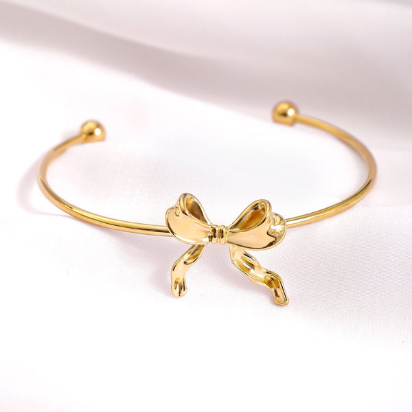 18KT Gold-Plated Stainless Steel Tarnish-Free Waterproof Bowknot Cuff Bracelet