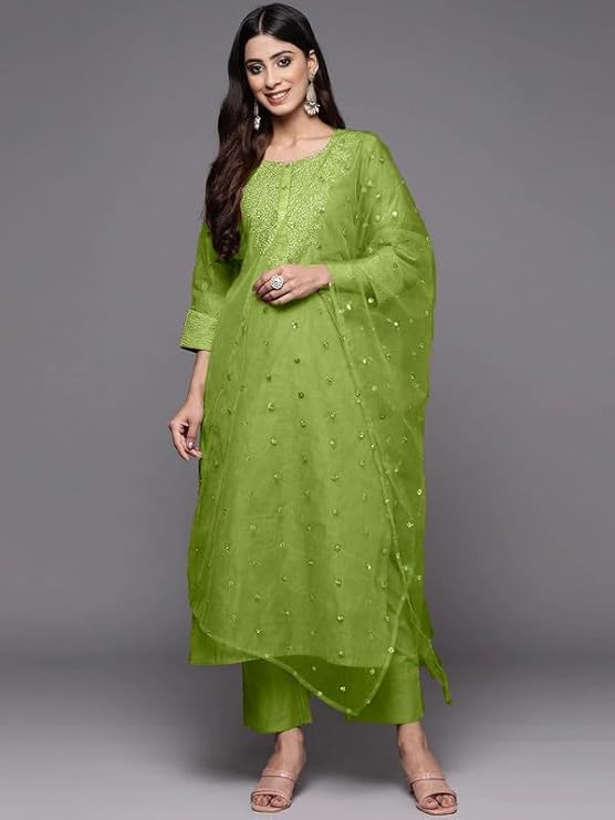 Women's Green Poly Silk Embroidery Kurta Pant Set With Dupatta - Malishka Export