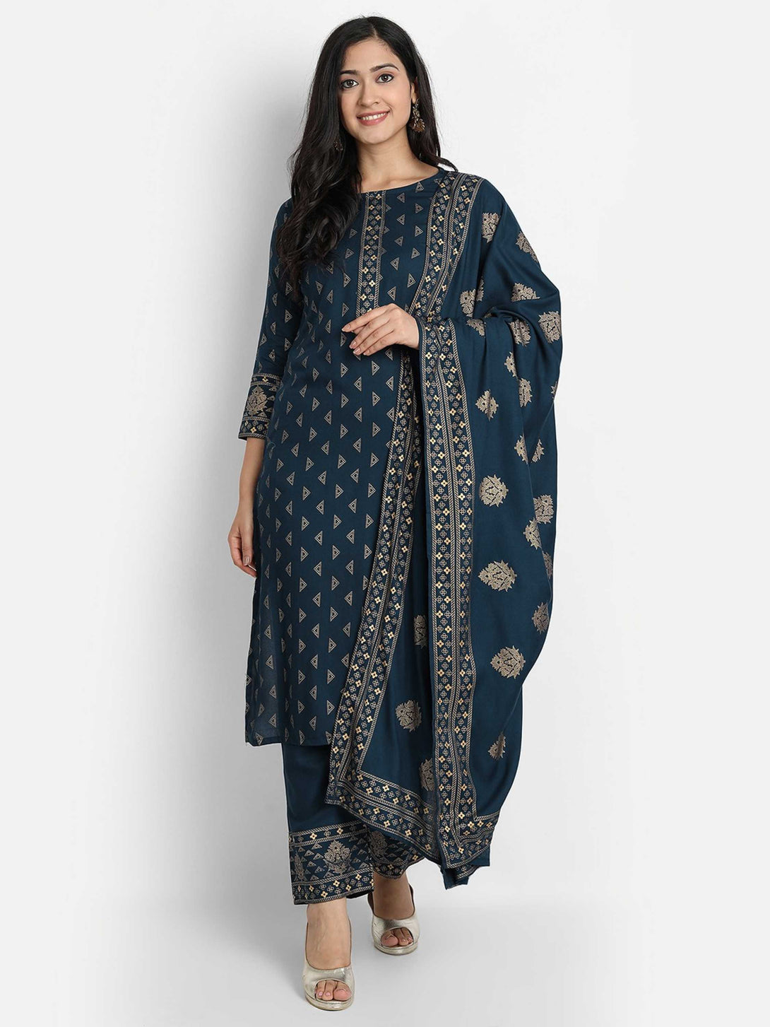 Women's Blue Printed Viscose Rayon Kurta And Pant Set - Alvami