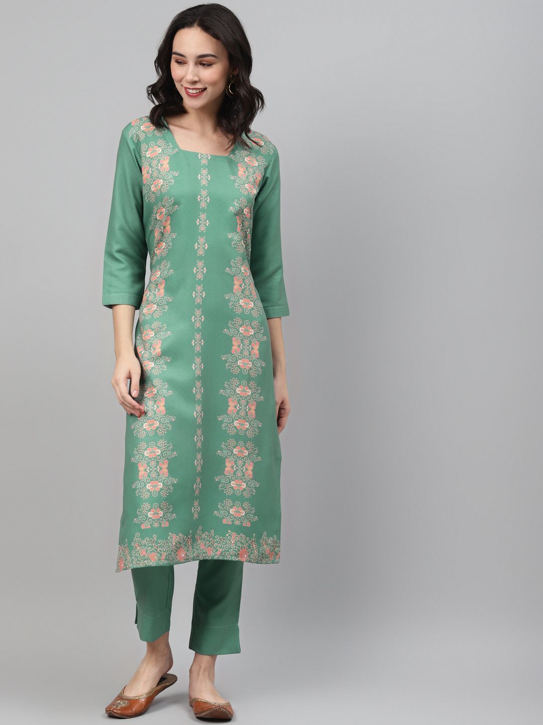 Women's Green Color Screen Print Straight Kurta And Pant Set - Ziyaa