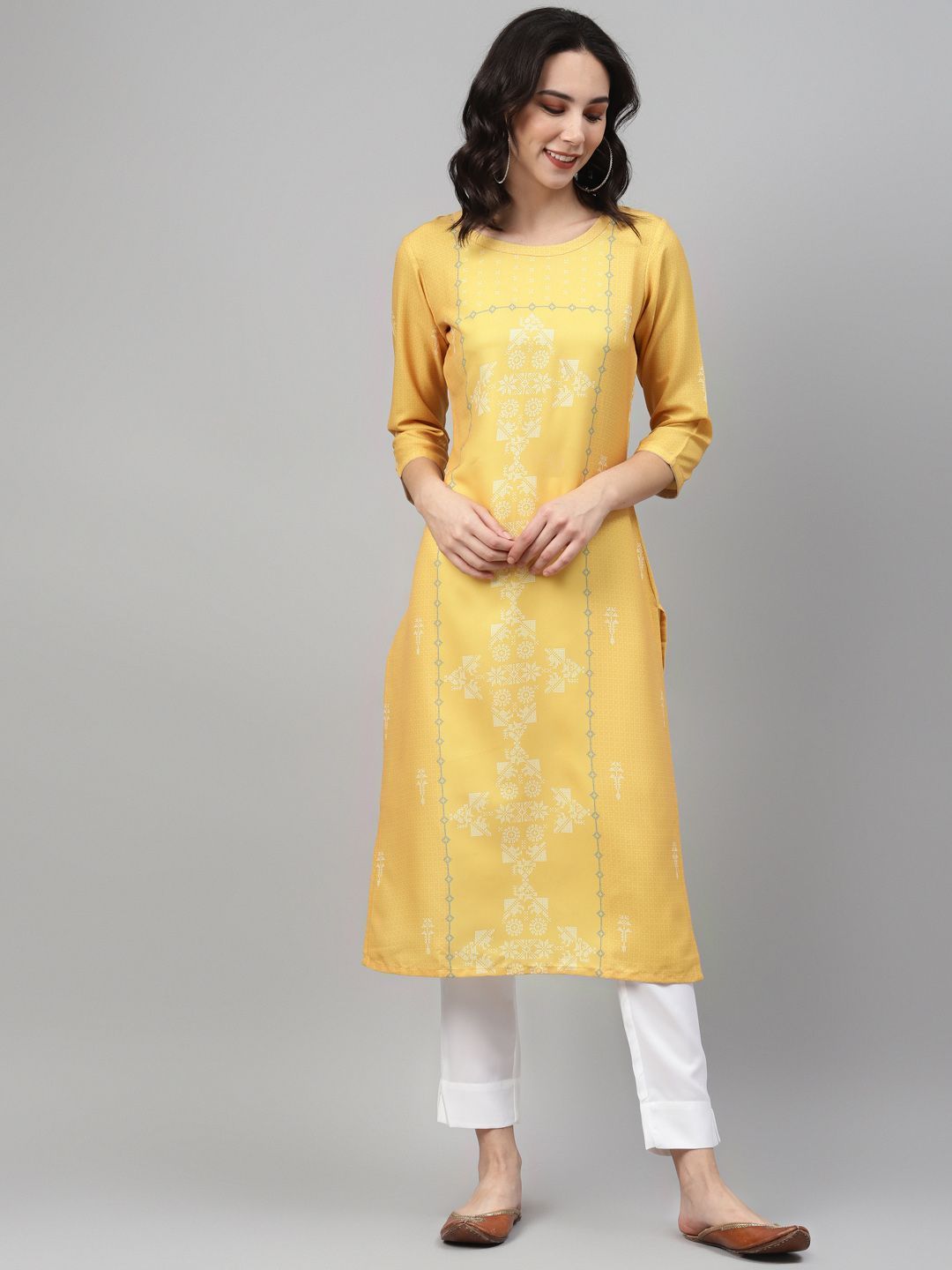 Women Yellow Printed Kurta and Pant Set by Ziyaa (2 Pc Set)