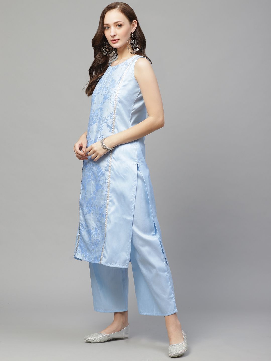 Women Sky Blue Silk Printed Kurta with Palazzo Set by Ziyaa (2 Pc Set)