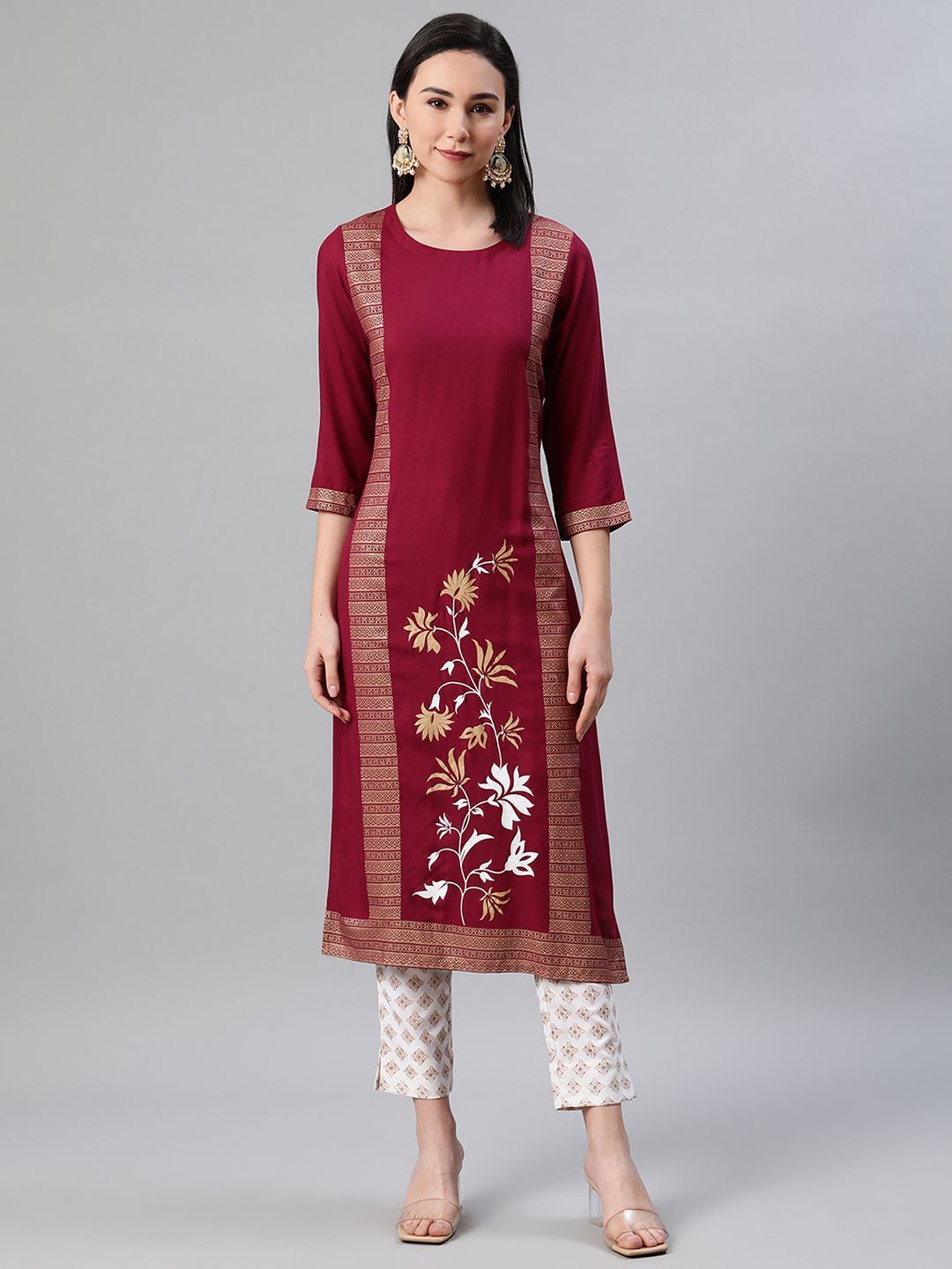 Women's Maroon Color Foil Print Straight Kurta And Pant Set - Ziyaa