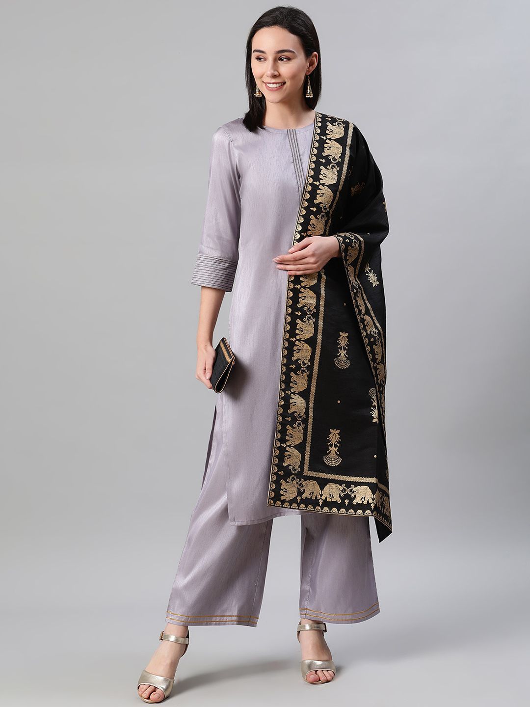 Women Grey Silk Kurta with Palazzo and Dupatta Set by Ziyaa (3 Pc Set)